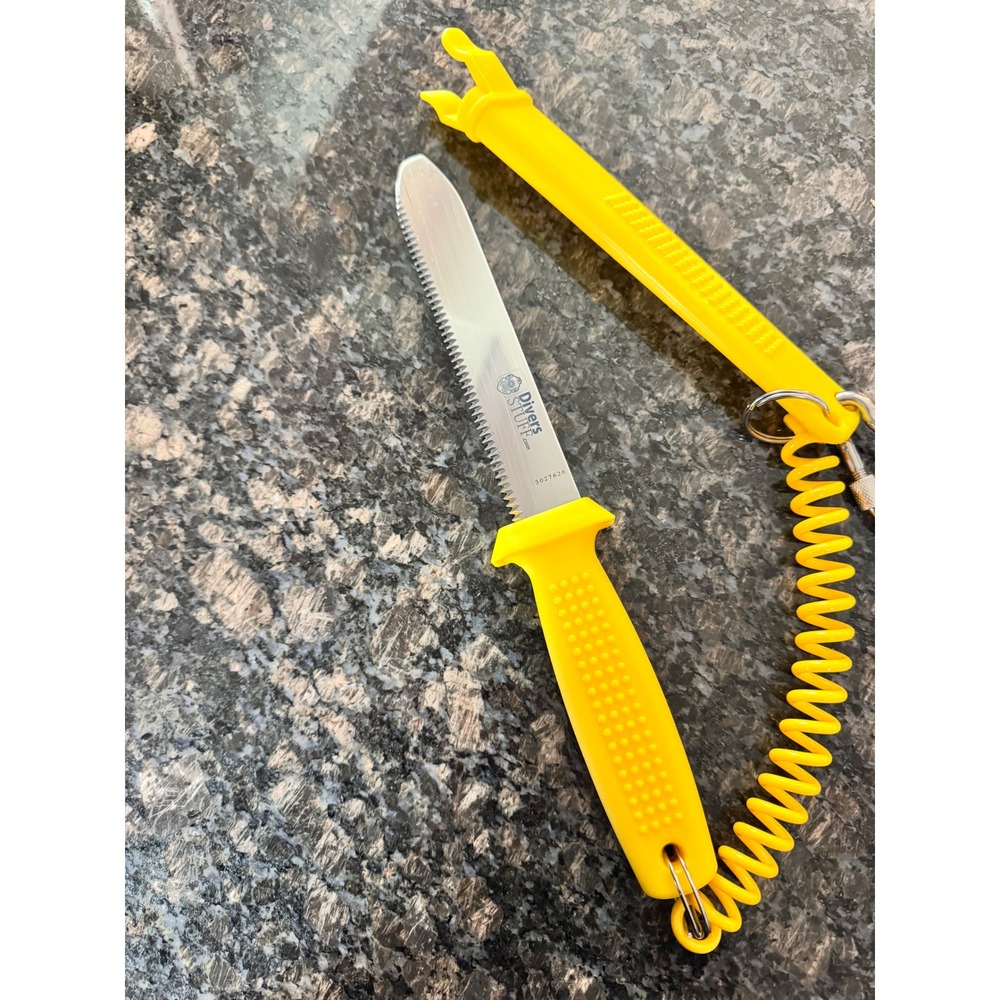 Divers Stuff Scuba Diving Knife Yellow‎ Serrated Blade Sheath Lanyard 3027626